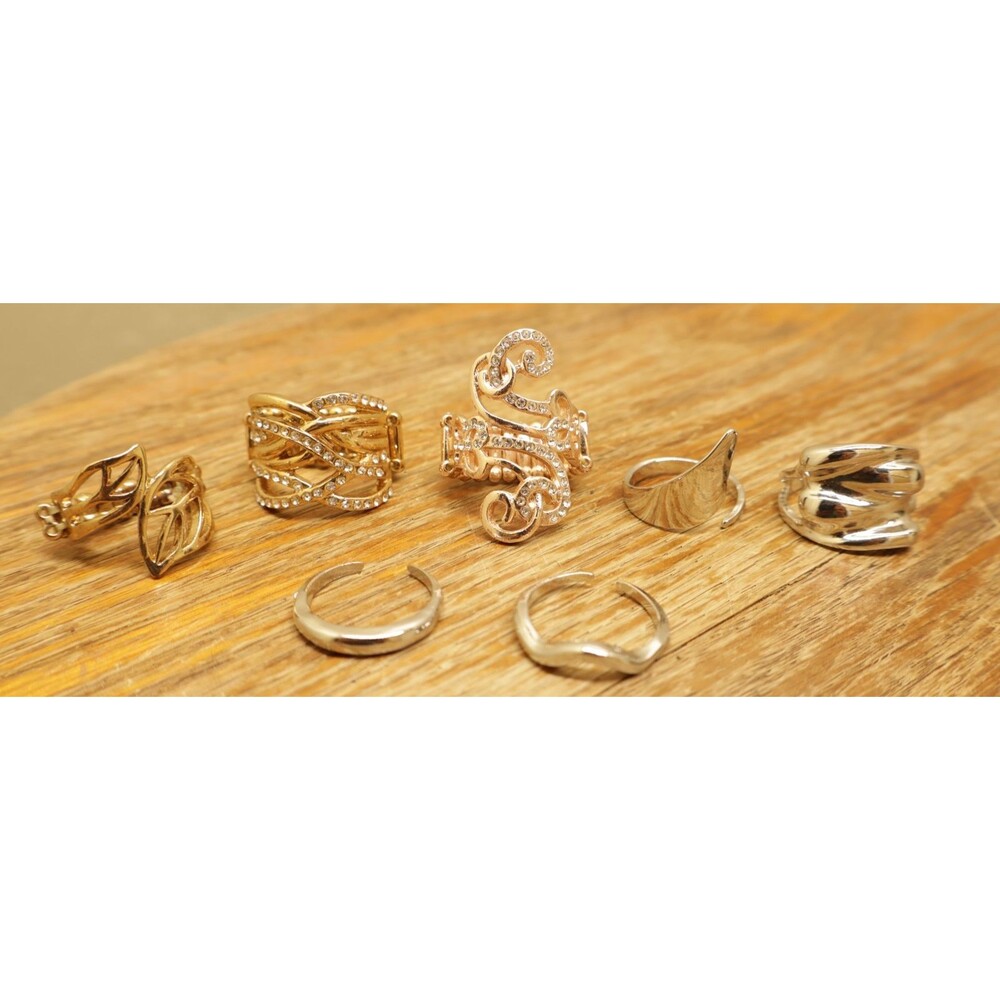 Fashion Ring Lot 7 Pc Gold Silver Tone Rhinestone Stretch Adjustable Random Size